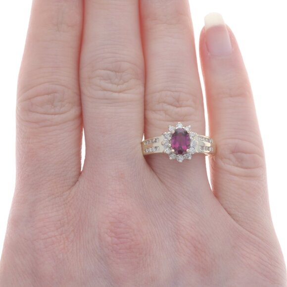 Yellow Gold Rhodolite Garnet & Diamond Halo Ring - 14k Oval 1.30ctw Floral - Picture 2 of 6